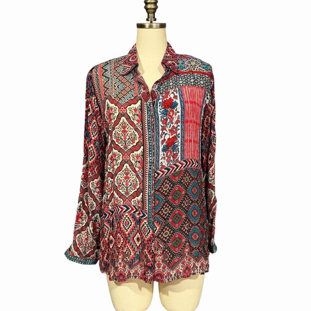Shana Mixed Print Patchwork Button-Up Shirt Viscose Silk Size M Roll-Tab Sleeves